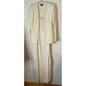 KAREN LAWRENCE BY MATTHEW 2-PIECE LAYERED Ivory embellished, DRESS & JACKET Sz10